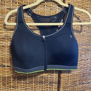 Danskin Zip Front Sports Bra Activewear Workout Black Neon Green SZ 42D